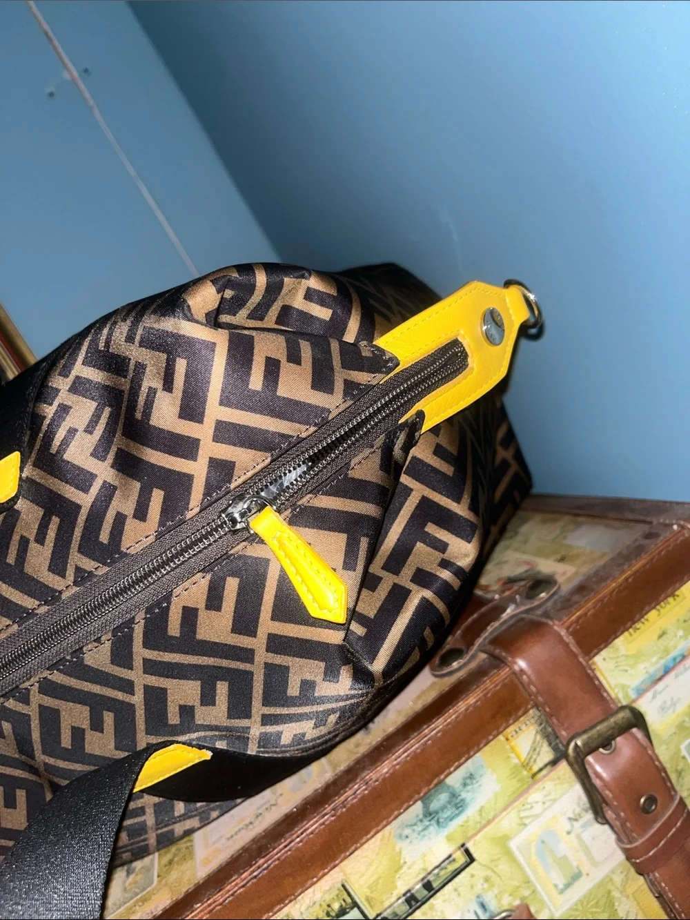 Fendi Brown Monogram Duffle with Yellow Logo and Black Straps